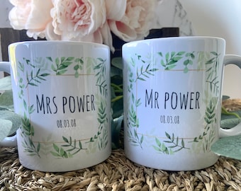 Personalised Wedding Mugs | Bride and Groom Mugs | Personalised Wedding Gift | Personalised Couple Mugs - Newlyweds Gift - Eucalyptus Theme