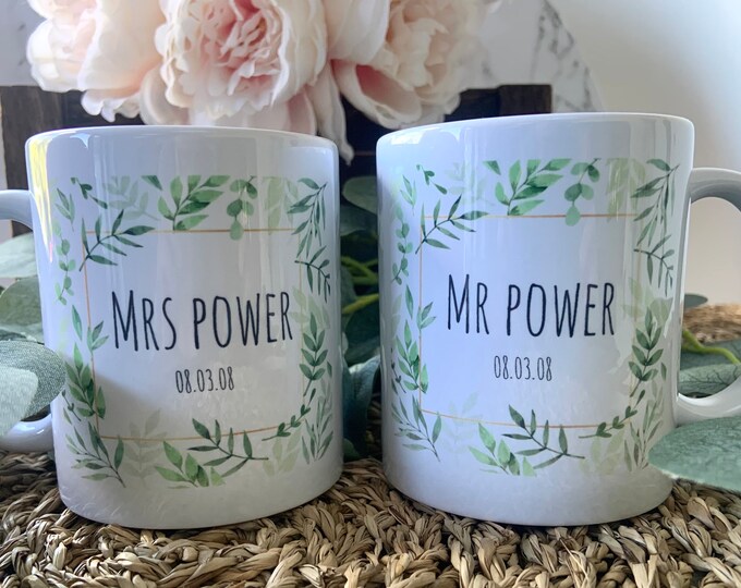 Personalised Wedding Mugs | Bride and Groom Mugs | Personalised Wedding Gift | Personalised Couple Mugs - Newlyweds Gift - Eucalyptus Theme