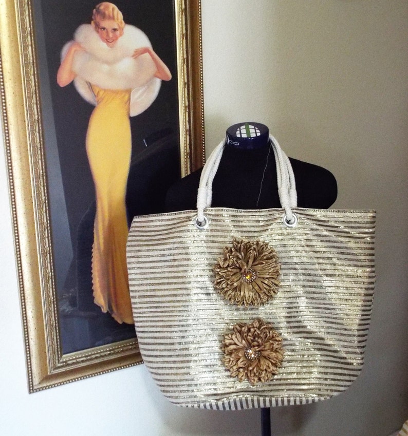 Dark Gold Striped Tote Purse Bag