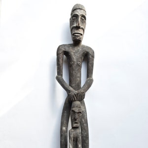 Large Asmat Male Figure with Small Female Figure Standing a Tribal Artifact Carving from Papua New Guinea –Lot 05