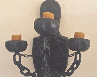 Vintage Gothic Medieval Style Wrought Iron Chain & Wood Wall Sconce with 3 Original Candles Handcrafted in Spain –Lot L1