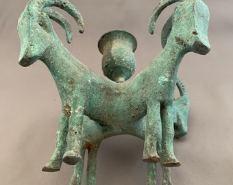 Vintage 1950s Green Patina Solid Brass Candle Holder with Four Ram Figures -Lot 391