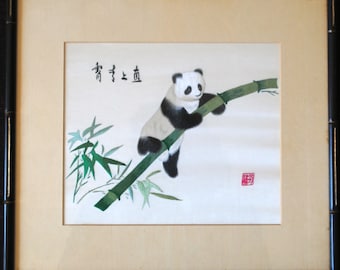 Original Su Embroidery of a Panda Bear on a Bamboo Branch Signed and Framed –Lot 023