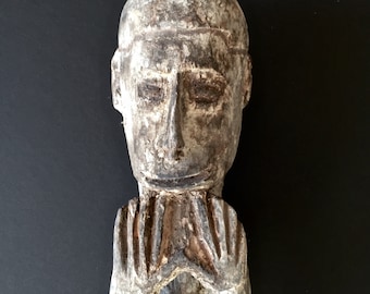Asmat Male Sitting on Ancestor’s Head a Tribal Artifact Carving Sculpture from Papua New Guinea –Lot F20