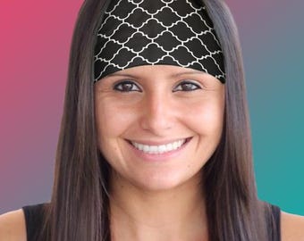 Wide Hairband for Women Black & White Quatrefoil Hairband Gym Hairband Yoga Hairband Moisture Wick Hairband  Running Hairband Nonslip