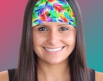 Wide Sweatband Women Colorful Palm Fronds Workout Sweatband Gym Sweatband Yoga Sweatband Moisture Wick Sweatband Running Sweatband Nonslip