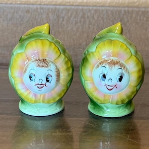 Vintage Py Japan Anthropomorphic Cabbage Rose Salt and Pepper Shakers