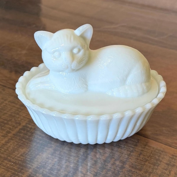 Vintage Cat on a Nest Milk Glass West Moreland
