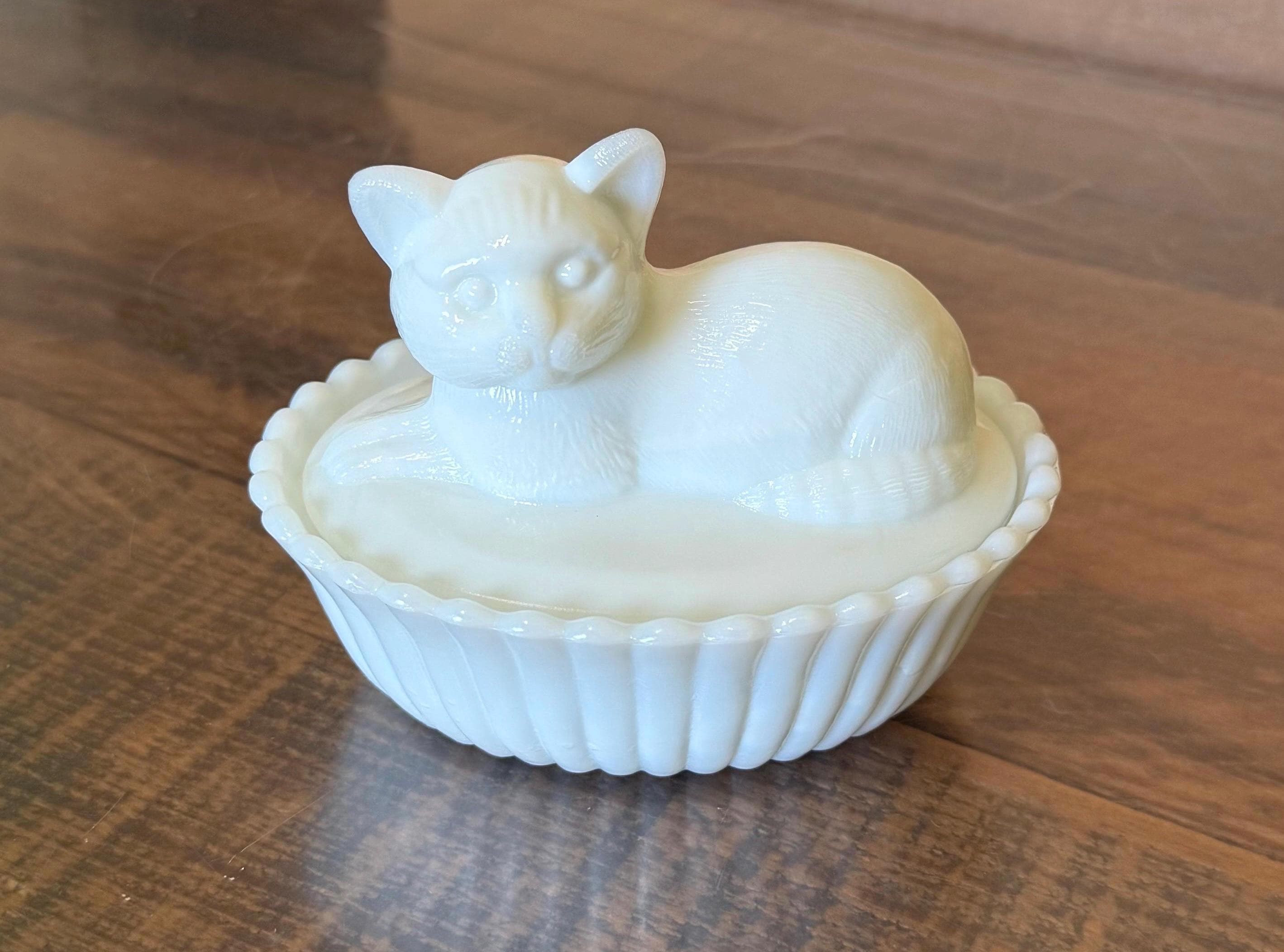 Milk Glass Cat on Nest - Etsy