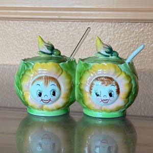 Vintage Anthropomorphic Py Japan Condiment Set Cabbage Rose