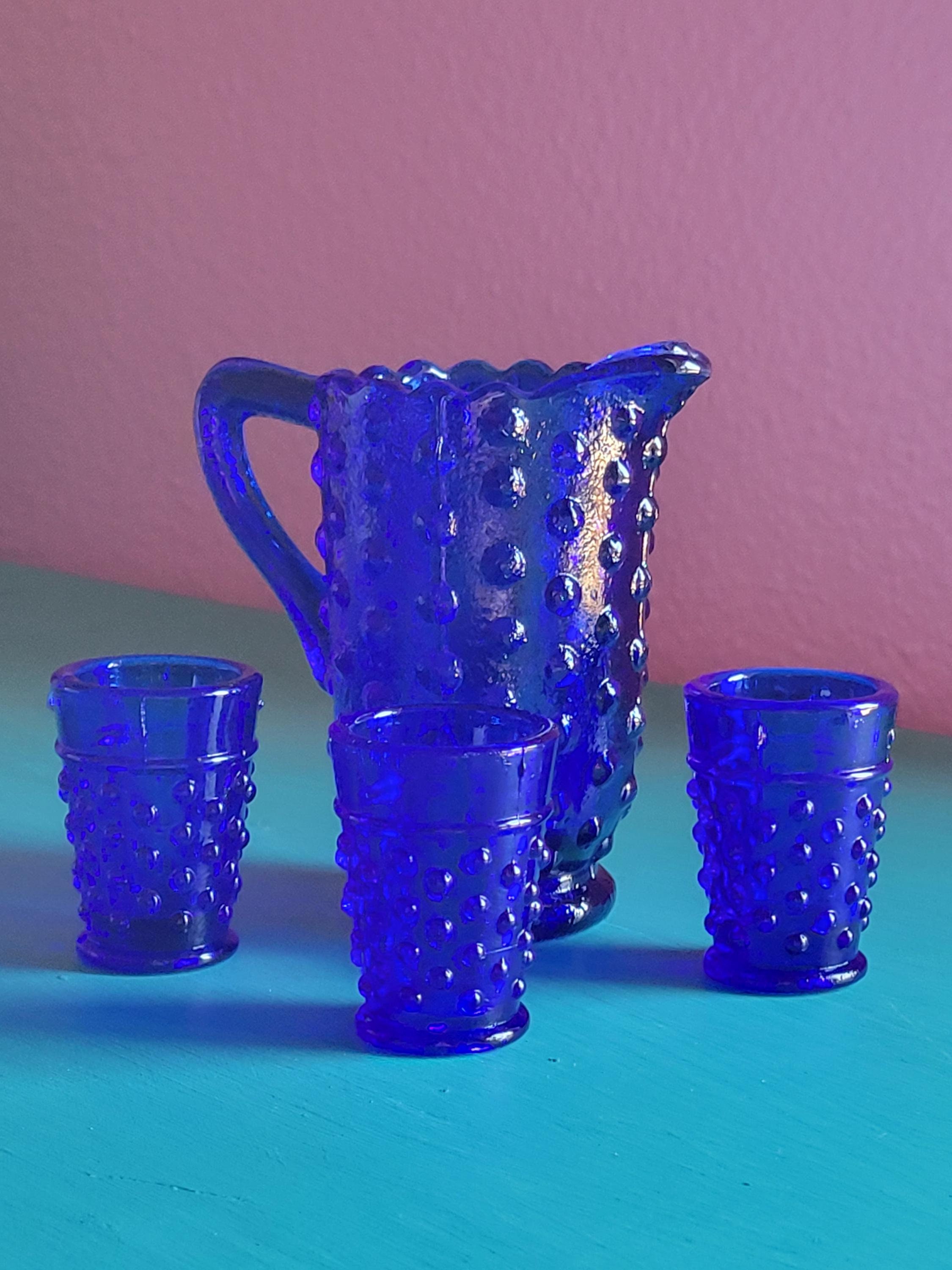 Vintage Fenton Cobalt Blue Hobnail Miniature Pitcher and Glasses