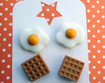 2-Sets of Miniature Egg, Clip on Earrings, Breakfast Jewelry set, Fried Egg Studs, Food Earrings, Novelty Jewelry, Waffle Earrings, Egg