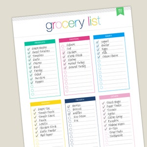 May include: A printable grocery list with checkboxes for different categories of food and household items. The categories include produce, protein, dairy, pantry, frozen, and other.