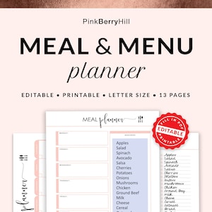 Editable Meal Planner | Menu Planner Printable | Fill In PDF | Shopping List Printable | Meal Plan Printable | Monthly Meal Planner