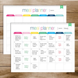 May include: A printable meal planner with a colorful calendar layout. The calendar is divided into days of the week and includes meal ideas for each day. The month is January.