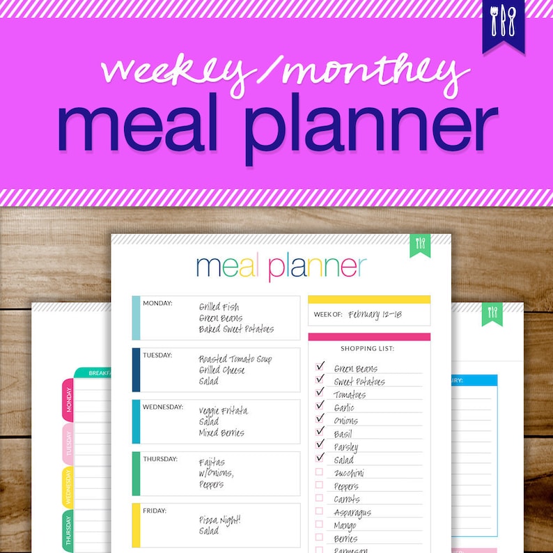 May include: A printable meal planner with a weekly menu and a shopping list. The planner is designed for the week of February 12-18. The menu includes meals like grilled fish, roasted tomato soup, veggie frittata, fajitas, and pizza night. The shopping list includes items like green beans, sweet potatoes, tomatoes, garlic, onions, basil, parsley, zucchini, peppers, carrots, asparagus, mango, berries, and bananas.