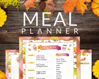 Inserto de planificación de comidas de otoño, lista de compras, planificador de comidas semanal, planificador de comidas diario, planificador de comidas mensual, plantilla de menú, lista de compras, hoja