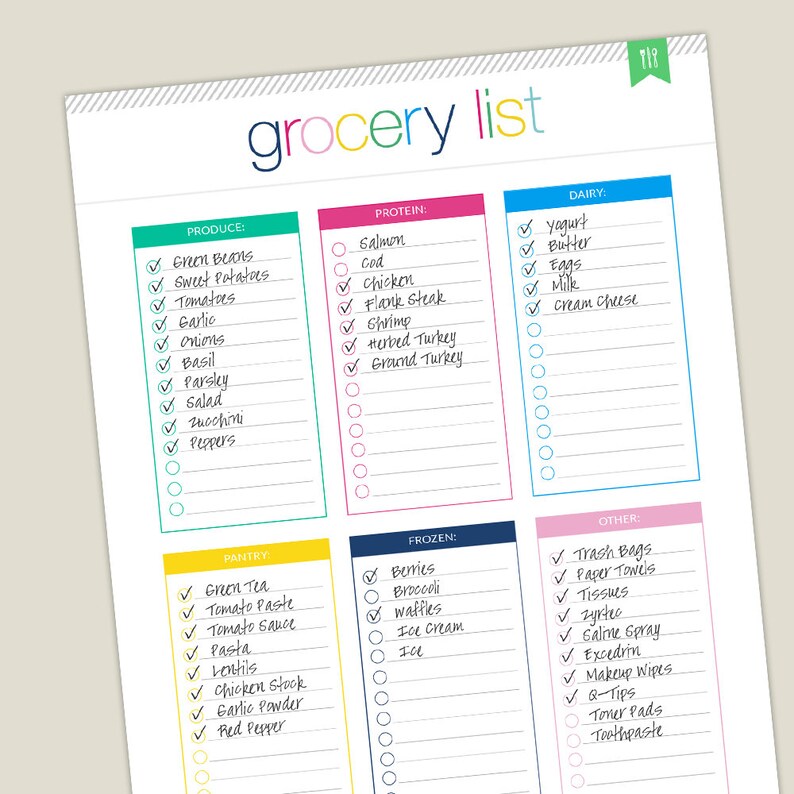 May include: A printable grocery list with checkboxes for different categories of food and household items. The categories include produce, protein, dairy, pantry, frozen, and other.