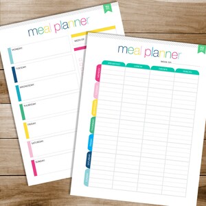May include: Two printable meal planner templates. The first template is a weekly planner with a space for each day of the week. The second template is a daily planner with columns for breakfast, lunch, dinner, and snacks.