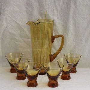 Beautiful 8pc MCM Amber Cocktail/Martini Pitcher Set~6 glasses~swirled stir stik