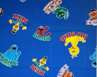 3/4 yards + 2 inches - Vintage Jim Henson Sesame Street Big Bird Bert Earnie Elmo Cookie Monster Oscar the Grouch on blue