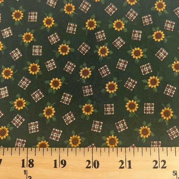 1 yard - Vintage VIP Cranston yellow sunflowers and square grid plaid windowpanes on green