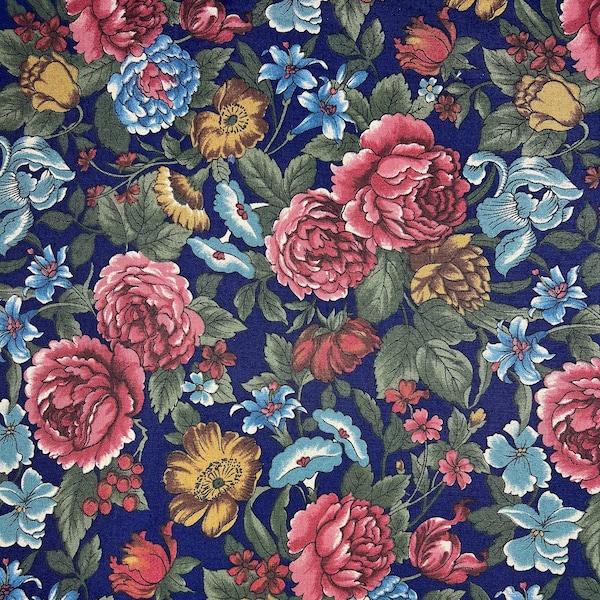 1 7/8 yards Vintage Les Jardins by Hoffman California pink blue and orange-brown floral on blue -