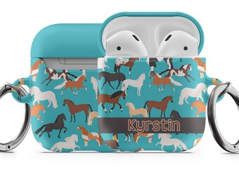 Horses AirPod Case, Horse Pattern with Name AirPods Cover, Custom Case for Apple Air Pods, Hardshell Case for AiPods, Fits Version 1 2 Pro!
