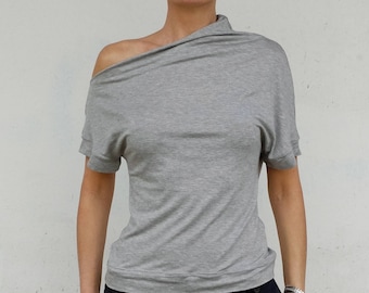 Gray Top Short Sleeves - Elasticized Grey Top - One Shoulder Top - Grey T-Shirt - Asymmetrical Top - Stretch Grey T-Shirt - Minimal T-Shirt