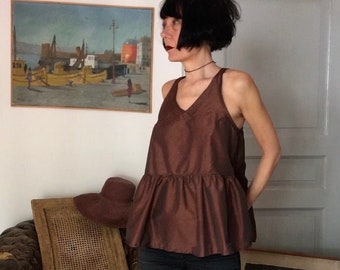 Summer Top Brown - Sleeveless Top - Brown Blouse - Gathered Top - V Neck Blouse - Elegant Top - Copper Shirt Women - Loose Fit Tops - Top