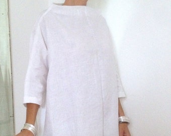 Vestidos de lino - Túnica de lino blanco - Túnica XXL - Túnica Maxi - Ropa de mujer - Vestido blanco - Túnica de cuello de capucha ancha