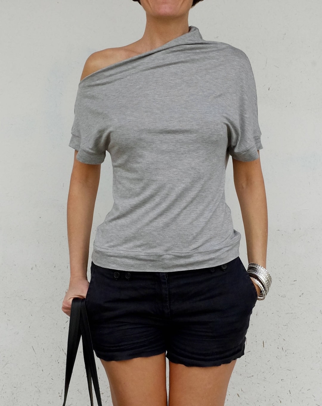 Tシャツ・カットソー ROCKCAKE One Shoulder Layered Top Gray Gray Top Short Sleeves - Elasticized Grey Top - One Shoulder