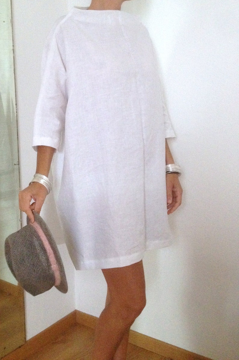 Oversized Linen Tunic - Linen XXL Shirt- White Linen Oversized Blouse - 3/4 Sleeves Linen Tunic - Ring Neck Linen Blouse - Loose Fit Linen Shirt - Oversize Linen Shirt