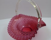 Vintage Fenton Cranberry Hobnail Opalescent Basket with Clear Bamboo Handle