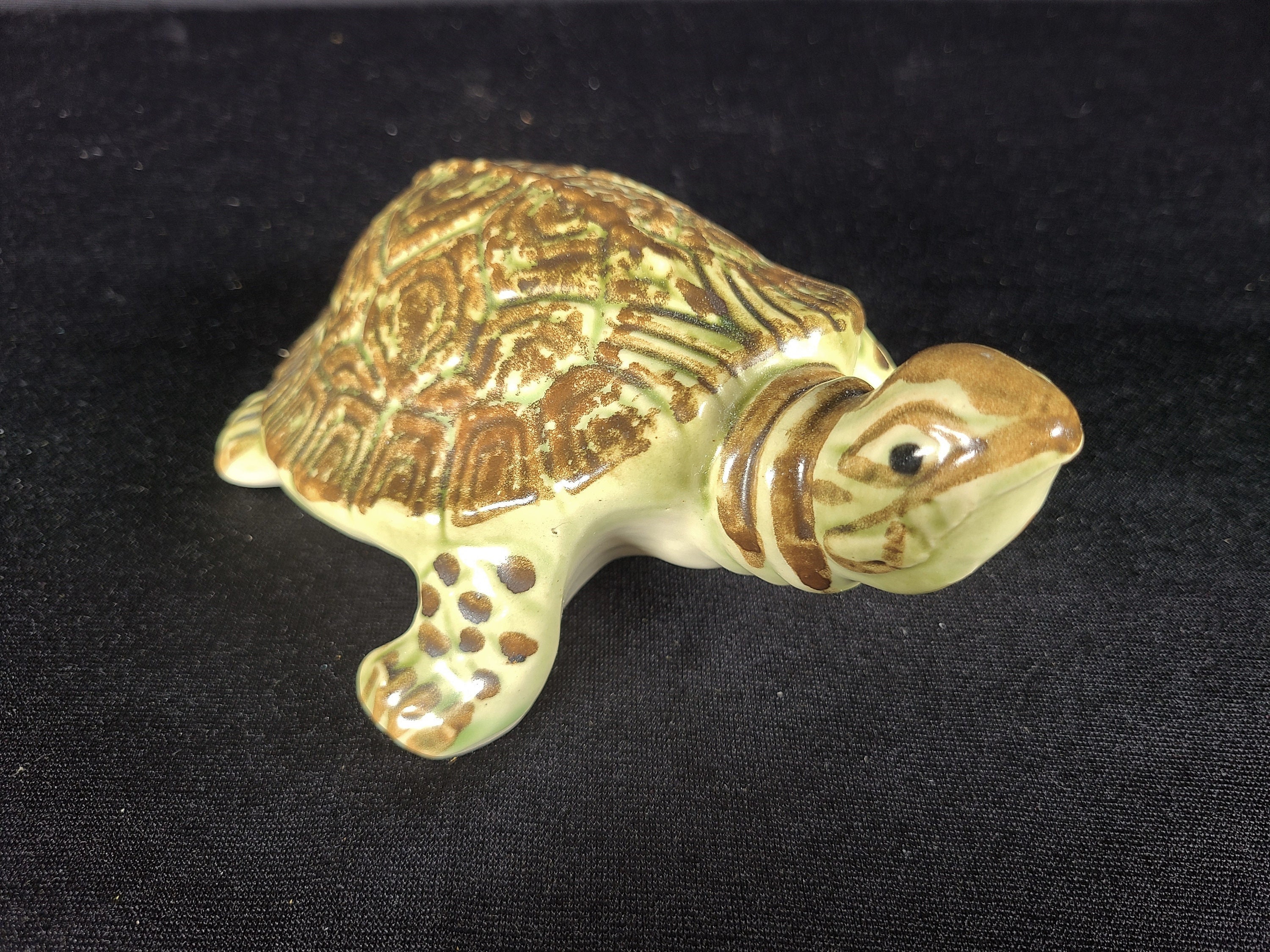 Brush Mccoy Turtle Figurine, Vintage Green and Brown Glazed Pottery  Tortoise 