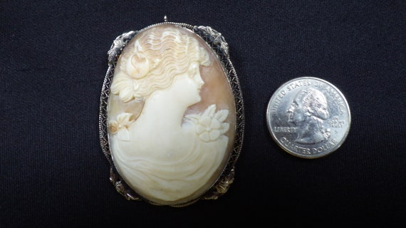 Cameo Pendant Brooch, 14K White Gold and Shell, M… - image 2
