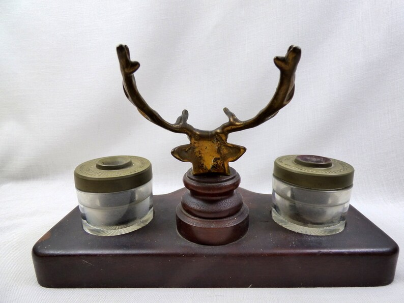 Vintage C.1910 Stag Deer Inkwell Wood Metal Quills Library Etsy UK