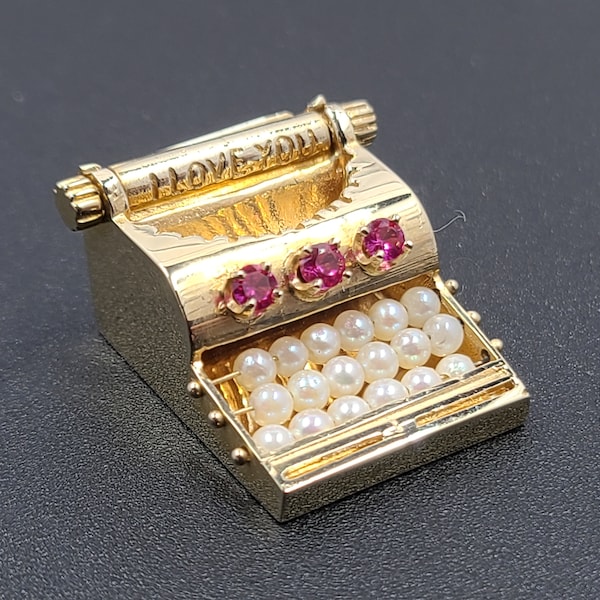Vintage 14K Gold Typewriter Charm with Pearls and Pink Stones, I Love You