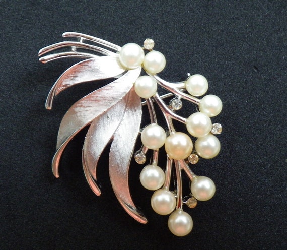 Crown Trifari Brooch, Rhinestone and Pearl, Signed - image 1