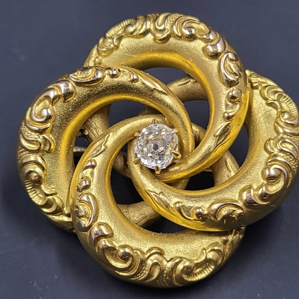 Estate Diamond and 16K Gold Brooch Pin, Embossed with Old Mine Cut Center