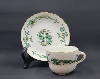 Meissen Vintage Green Dragon Flat Cup and Saucer Set, Older Blue Crossed Swords Hallmark