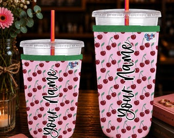 Personalized Neoprene Iced Coffee Sleeve, Cherry Pattern, Beverage Sleeve