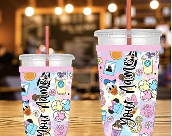 Personalized Neoprene Iced Coffee Sleeve, Magical Castle Pattern, Drink Hugger, Beverage Sleeve
