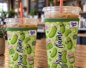 Personalized Pickle Printed Neoprene Iced Coffee Sleeve, Beverage Sleeve, Pickle Print, Gift for Pickle Lovers