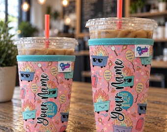 Personalized Floral Neoprene Iced Coffee Sleeve, Beverage Sleeve, Dumpster Fire Print