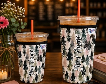 Personalized Neoprene Iced Coffee Sleeve, Pine Tree Pattern, Beverage Sleeve, Iced Coffee Sleeve, Beverage