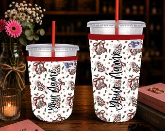Personalized Neoprene Iced Coffee Sleeve, Christmas Cakes Pattern, Beverage Sleeve, Gifts for Christmas