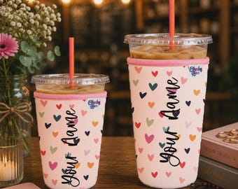 Personalized Neoprene Iced Coffee Sleeve, Custom Beverage Hugger, Heart Design, Beverage Sleeve
