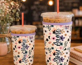 Blue Floral Iced Coffee Sleeve | Reusable Neoprene Coffee Cup Cozy | Fits 20oz & 32oz Tumblers | Cute Gift for Coffee Lovers