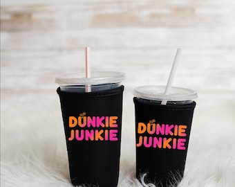 Dunkie Junkie Iced Coffee Sleeve Set, Neoprene Coffee Cozy, Personalized Cup Holder, Beverage Sleeve